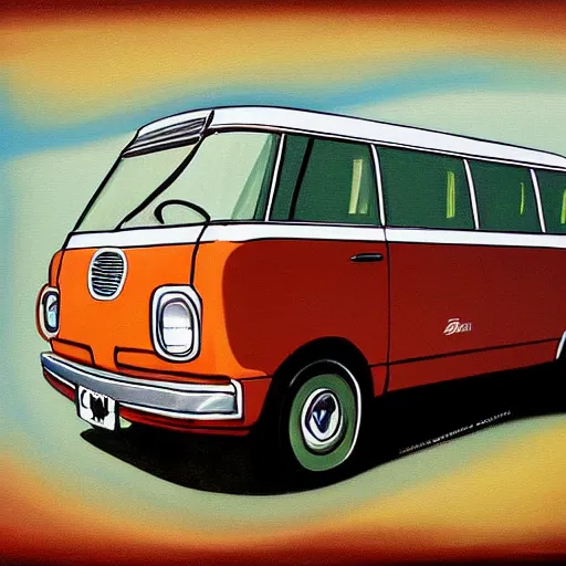 Image similar to retro painting of a volswagen van, retro style art, trendy on artstation
