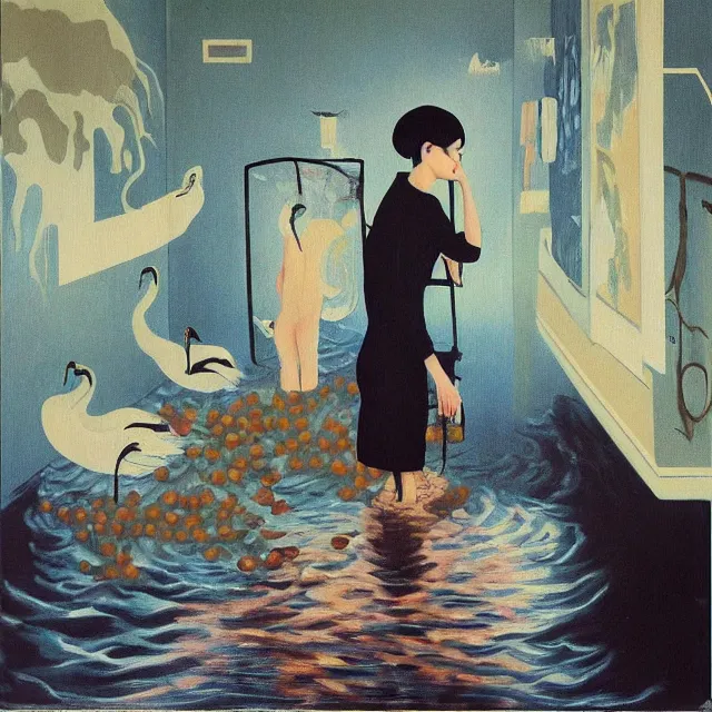 Image similar to tall female emo artist in her flooded apartment, water gushing from ceiling, painting of flood waters inside an artist's home, a river flooding indoors, pomegranates, pigs, ikebana, zen, water, octopus, river, rapids, waterfall, black swans, canoe, berries, acrylic on canvas, surrealist, by magritte and monet