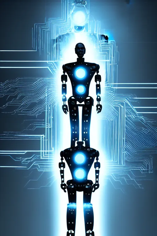 Image similar to god of artificial intelligence comes to save us as jesus christ robot, threads of light in the background, extremely high quality artwork, very detailed, obscured face, anthropomorphic silhouette, trending on artstation