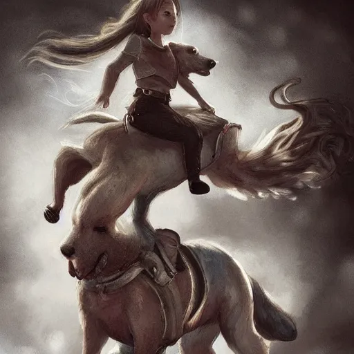 Image similar to a girl riding a giant dog, trending on artstation