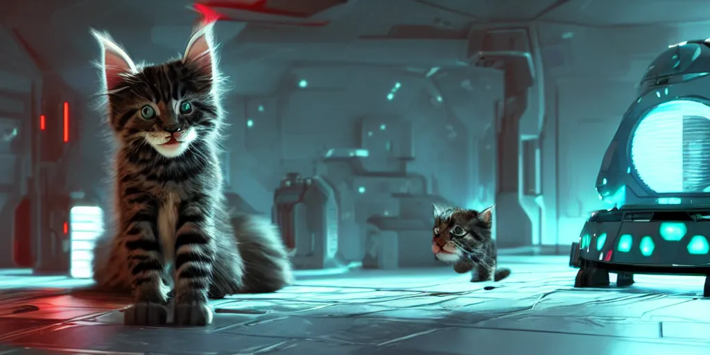 Prompt: a d rendered movie still a cute robotic kitten with rgb ambient lighting implants. the robot maine coon kitten. in the background is a cyberpunk cat tree with rgb dramatic lighting. science fiction blockbuster movie from the future, imax 7 0 mm. octane 3 d render, style of mandalorian ( american space western television series )
