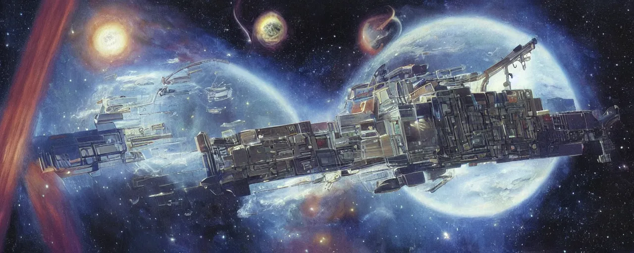 Prompt: a library floating in space, by david a. hardy and jim burns