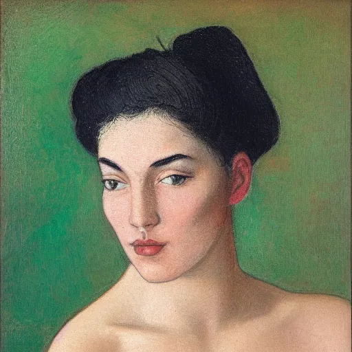 Prompt: Portrait of a young woman, she has small moles all over her face, bushy eyebrows and lush eyelashes, a tattoo on her temple, and she has short white hair. Henri Martin Style