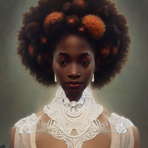 Prompt: portrait of afro goddess, intricate, elegant, highly detailed, digital painting, artstation, concept art, smooth, sharp focus, illustration, art by artgerm and greg rutkowski and alphonse mucha and william - adolphe bouguereau
