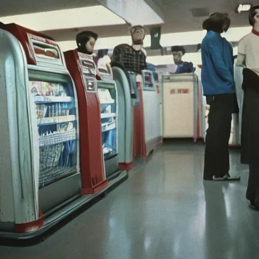 Image similar to alien standing in line at a soviet grocery store, top secret style, realistic photo, cinestill 8 0 0 t, 1 9 7 0 s, color