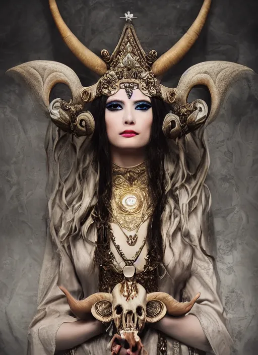 Image similar to a portrait of female priestess by candy makeup, photorealistic, intricate details, hyper realistic, fantasy, elegant, baroque, horn, ram skull headpiece, photorealistic, photography, symmetrical features, symmetrical pose, wide angle shot, feet on the ground, wearable art, unreal engine