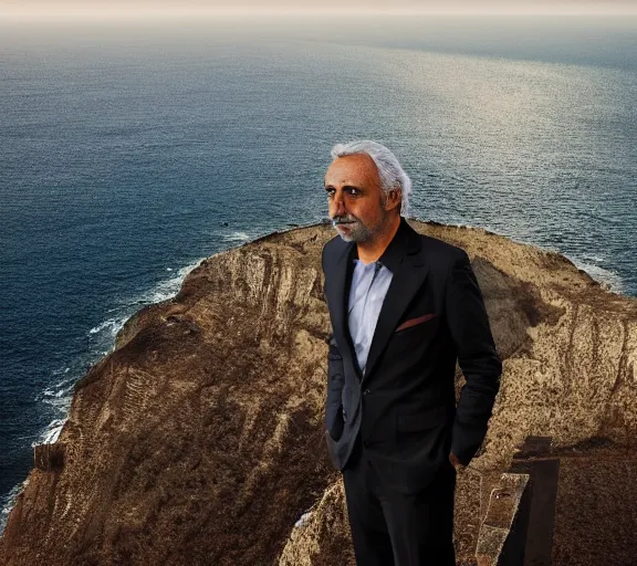 Prompt: a slender grey cat standing on a cliff overlooking a beach. hyper realistic and anamorphic 2 0 1 0 s movie still of giovanni falcone, by paolo sorrentino, leica sl 2 3 0 mm, beautiful color, high quality, high textured, lens flare, refined face and muzzle.