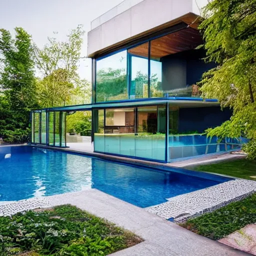 Prompt: a small house with glass walls, garden with pool, modern architecture, architecture photography