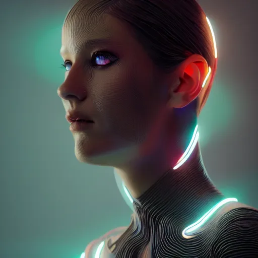 Prompt: portrait of a beautiful bioengineered female wearing a luminescent bodysuit, Tron environment, reflections, focus, detailed, realistic eyes, horizontal partial symmetry body features proportions, intricate facial skin details, award winning, trending in cgsociety artstation deviant art, octane render