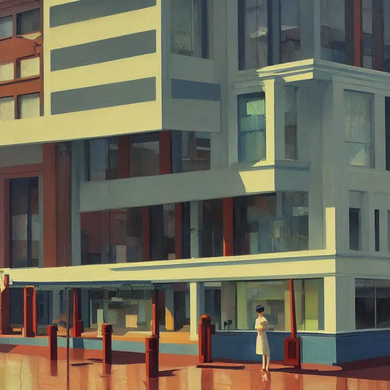 Image similar to morning flood in an empty city, , painted by Edward Hopper, painted by James Gilleard, airbrush