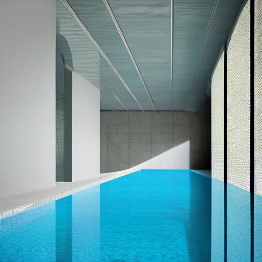 Image similar to liminal space photography, swimming pool, ceramic tiles on the floor and walls, sunset light, clear water, high detailed, photorealistic 4k - H 768