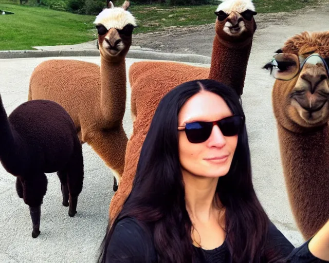 Prompt: a girl who looks like the mona lisa, going out for coffee wearing sweatpants and sunglasses, candid shot, photobomb by an alpaca, TMZ, by cameldeath