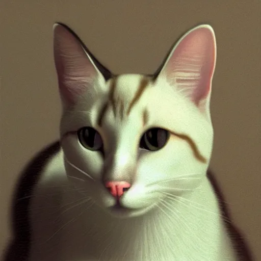 Prompt: an hyper realistic closeup portrait of an innocent, elegant cat, smiling, wearing pearl earrings, blender render, global illumination, by jan vermeer
