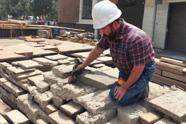 Prompt: a man made of stone, wearing a plaid shirt, working construction