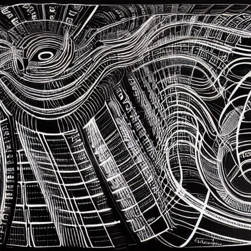 Image similar to abstract black and white concept art graphic painting illustrating turing machine, overcomplicated, math inspired, hyper detailed, psychodelic, creepy