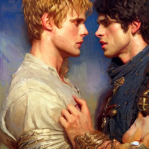 Image similar to attractive arthur pendragon confesses his love to attractive male merlin. highly detailed painting by gaston bussiere, craig mullins, j. c. leyendecker 8 k