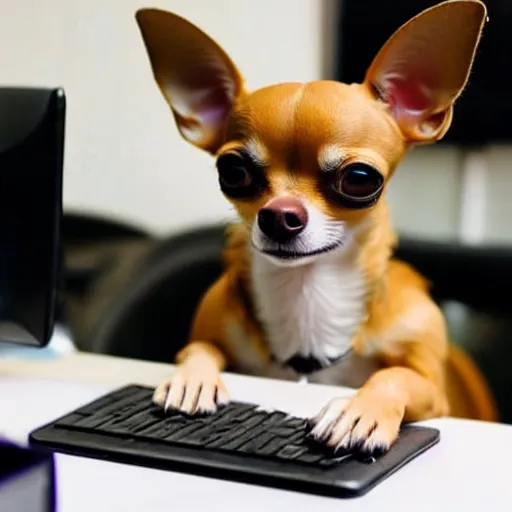 Image similar to a chihuahua smoking weed in an office