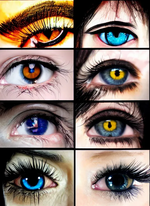 Prompt: grid montage of eyes, stunning detailed colored textures, eyelashes, advanced art, art styles mix, from wikipedia, wet reflections in eyes, sunshine light, hd macro photograph, from side, various eyelid positions, spherical black pupil centered