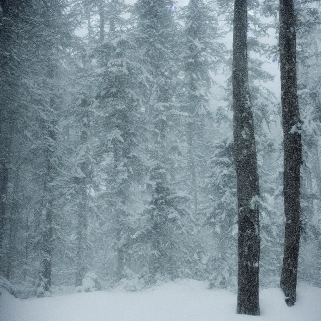 Image similar to photo, bigfoot is hiding in the background. cold color temperature, snow storm. hazy atmosphere. humidity haze. kodak ektachrome, greenish expired film, award winning, low contrast