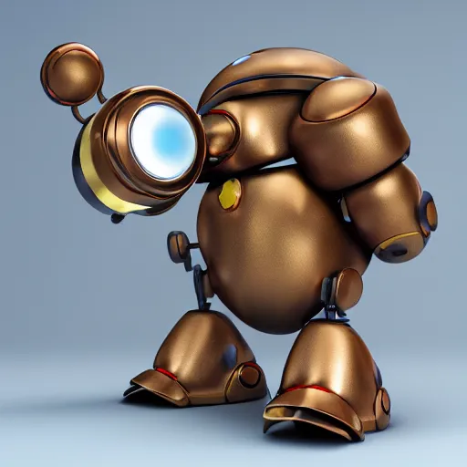 Image similar to a small chubby bot, smooth panelling, one large gold eye intricate detail, style of pokemon, with damaged rusty arms, broken antenna, recycled, floating, white studio, oil, mechanical, toy, ambient light, in the style of pokedstudios, belnder, octane render, 8 k,