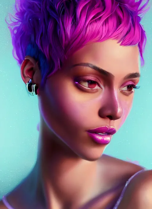 Image similar to portrait of vanessa morgan with bright pink hair, curly pixie cut hair, wearing a purple breton cap, breton cap, hoop earrings, intricate, elegant, glowing lights, highly detailed, digital painting, artstation, concept art, smooth, sharp focus, illustration, art by wlop, mars ravelo and greg rutkowski