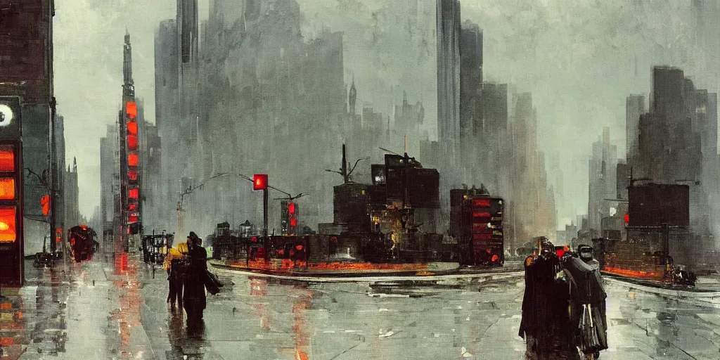 Prompt: wet - in - wet painting of a futuristic city on a rainy day by winslow homer