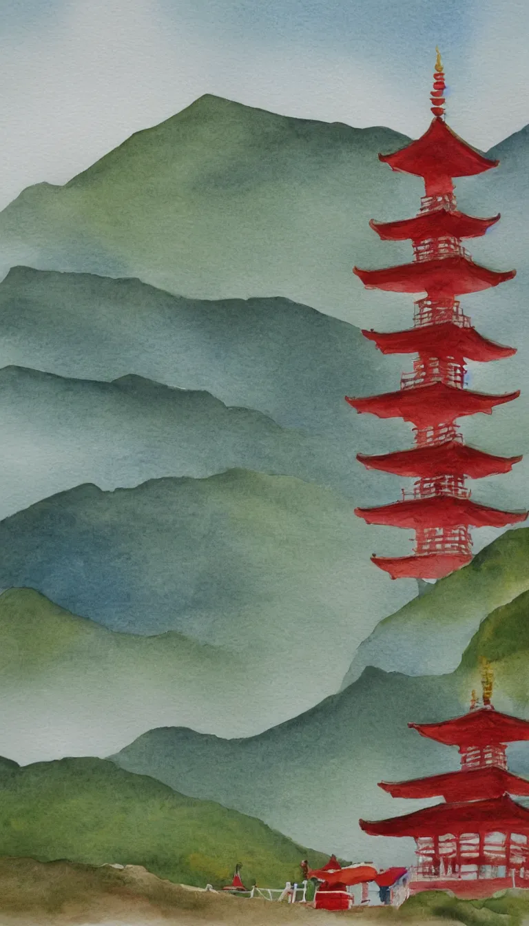 Image similar to watercolour painting of a pagoda, green and red accents, tea drinking, mountains in background