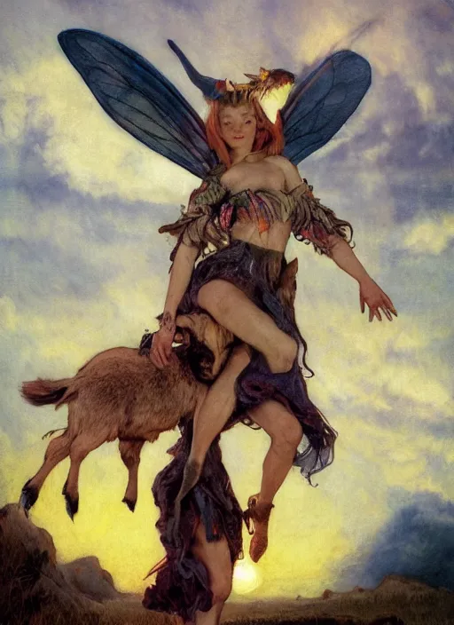 Prompt: symmetry! half length portrait of a biblical diabolical fairy witch girl burning riding a cute goat, fire, clouds, sunset, studio light, by mikhail vrubel, by peter elson, muted colors, extreme detail, trending on artstation, 8 k