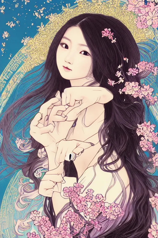 Image similar to beautiful young heroine portrait like twice tzuyu+happy+smoky eyes+front face with light flowing hair smiling, ultradetail face by tian zi and WLOP and alphonse mucha, great wave of hokusai, illustration, fantasy, acryllic spill, intricate complexity, chinese, goddess, holy, divine, rule of thirds, fantasy character concept, watermark, blurry, 8k