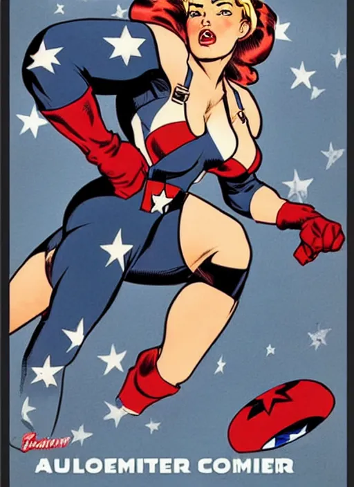 Image similar to sultry female captain america standing on a pile of defeated, beaten and broken ss soldiers. feminist captain america wins ww 2. american ww 2 propaganda poster by rob liefeld and pixar. gorgeous face. pin up. overwatch.