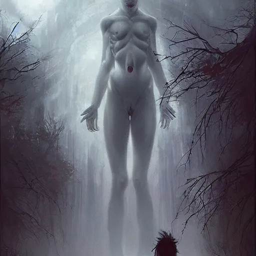 Image similar to a beautiful terrifying immense pale humanoid giant looms over a tiny human. ethereal horror fantasy art by artgerm and greg rutkowski