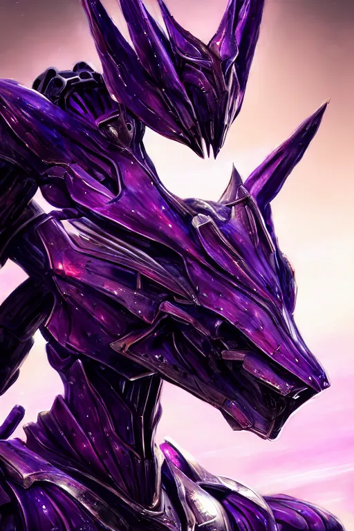 Image similar to bust shot, hyperdetailed realistic elegant beautiful stunning giant robot mecha hot female goddess dragon, sharp spines, sharp metal ears, smooth purple eyes, smooth fuschia skin, smooth silver armor, nebula size, space, epic proportions, epic scale, warframe fanart, macro giantess, furry art, dragon art, goddess art, giantess art, furaffinity, octane