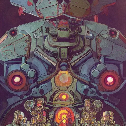 Image similar to beautifully colored detailed scifi painting of occultist scientists summoning a mobile suit, occult giant robot power armor eched with power runes by m. c. escher, beeple, greg rutkowski and alphonse mucha