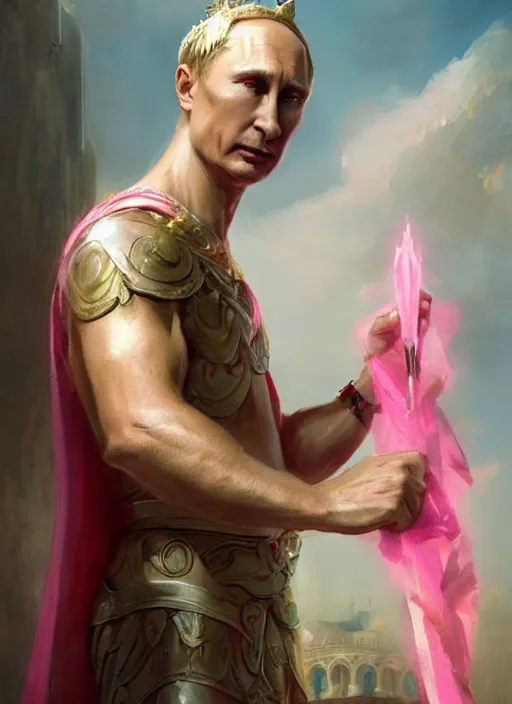 Image similar to vladimir putin as a magnificent beautiful greek god in a crown and short pink balerrina skirt by greg rutkowski