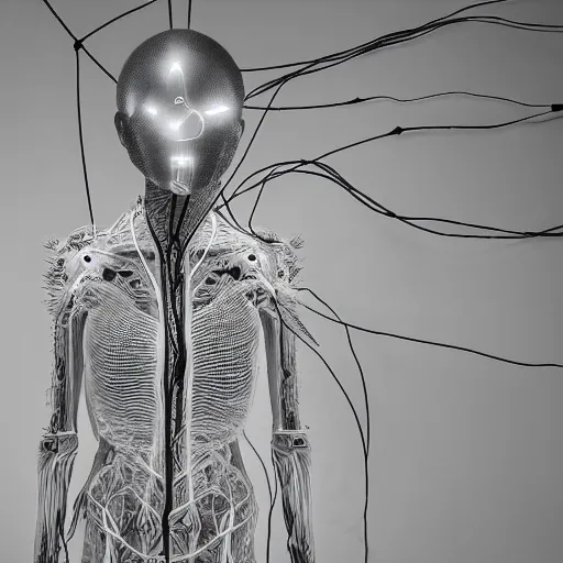 Prompt: nervous system made of wires and alien technology in a white room with glowing leds, hyper detailed, surreal concept art, apocalyptic, realistic, alive, industrial, tech, black and white photo on film, grain, cyborg, futuristic, humanoid, dream