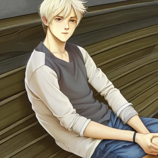 Image similar to young man with short, ash blond greyish hair, light brown eyes, casual clothes, relaxing, happy, path traced, highly detailed, high quality, digital painting, by studio ghibli and alphonse mucha, beautiful details, soft and cosy