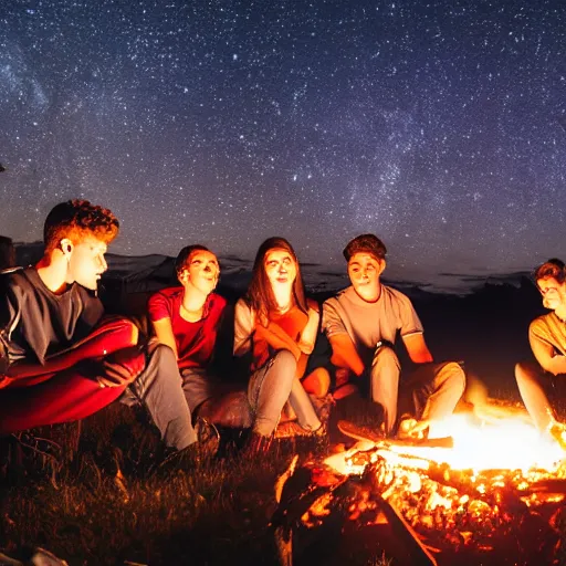 Image similar to group of teenagers sitting around a campfire, realistic, night