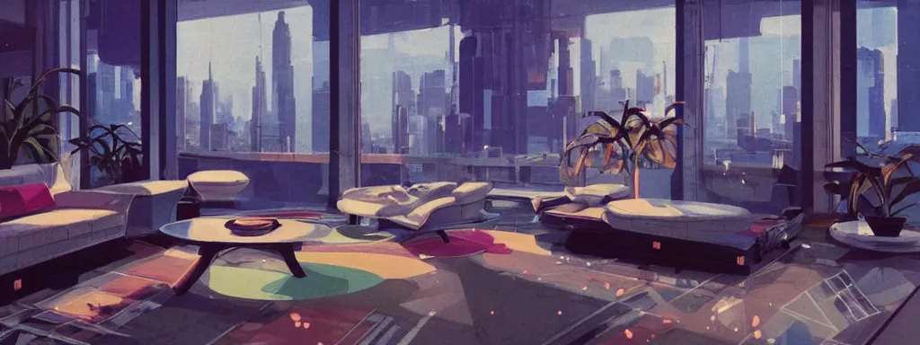 Prompt: concept art, retro - futurist penthouse, night - time, designer furniture, high ceiling, 6 0 s colour palette, plants, flowers, floor lamps, multi - level, reflections, soft lighting, city view, bladerunner, james jean, syd mead, akihiko yoshida, cinematic