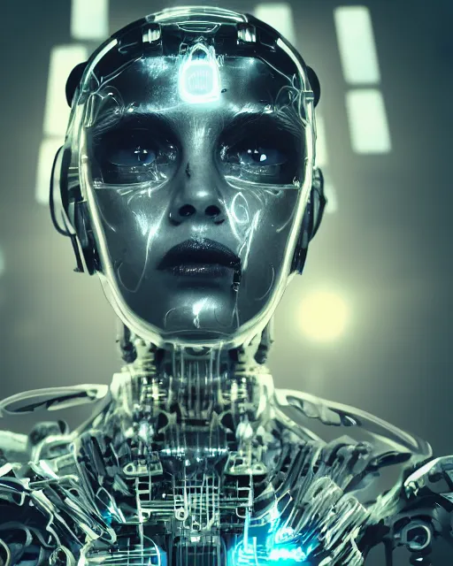 Image similar to photo of sweaty soulful female as a cyberpunk mecha humanoid robotic head and face parts with fluorescent lamps surrounding face, sweaty skin dripping down face, ultra - realistic and detailed, long exposure 8 k