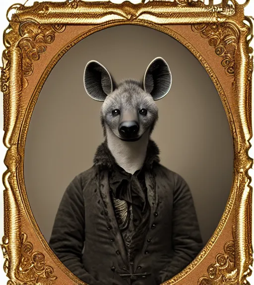 Image similar to professional studio photo portrait of anthro anthropomorphic spotted hyena head animal person fursona smug smiling wearing crown diadem elaborate pompous royal king robes clothes degraded medium by Louis Daguerre daguerreotype tintype