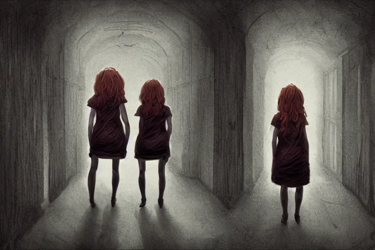 Image similar to scary ginger twin girls standing in an haunted endless hallway, illustration, horror, dark, dramatic lighting, digital art, unique, trending on artstation, artistic, symmetrical, inspired by wes anderson