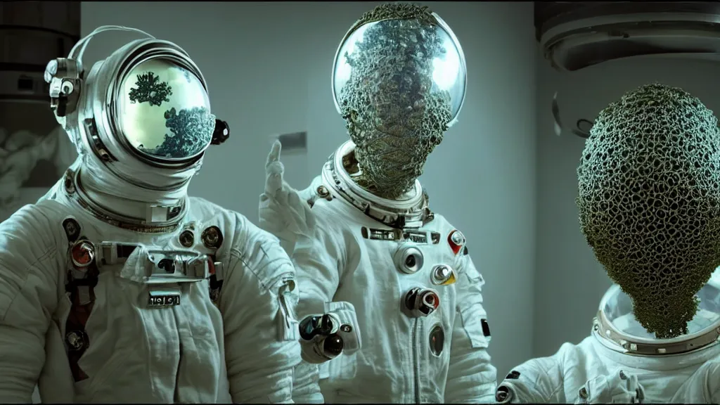 Image similar to a cybernetic symbiosis of a single astronaut eva suit infected with diamond 3d fractal lace iridescent bubble 3d skin covered with insectoid compound eye camera lenses floats through the living room, film still from the movie directed by Denis Villeneuve with art direction by Salvador Dalí, wide lens,