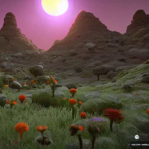 Image similar to a flowering alien landscape in the style of midjourney, 8 k, unreal engine, zbrush,