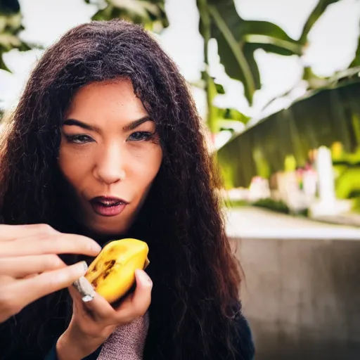 Prompt: close up photography of a woman that is about to bite into a banana, profile, close camera