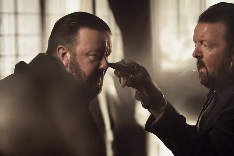 Prompt: an 8 5 mm portrait of ricky gervais as a 1 7 0 0's gangster by gustave baumann and aron demetz, beautiful lighting, dramatic, noise, film