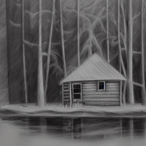 Image similar to a painting of a eerie cabin in the middle of the woods in the style of a charcoal sketch