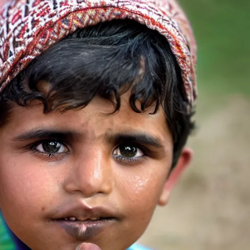 Prompt: a little Afghan boy looking up at the camera, with green snot stuck in his nostril