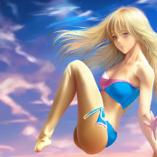 Image similar to a very beautiful young anime gymnastics girl, full body, long wavy blond hair, sky blue eyes, full round face,, bikini, miniskirt, front view, mid - shot, highly detailed, cinematic wallpaper by stanley artgerm lau