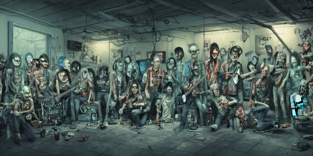 Prompt: a garage of undead rock band, realistic, extremely detailed, sharp focus, wide view, smooth, digital illustration, intense colors, octane render, unreal engine 6, ray tracing, by james jean, by rossdraws, by frank franzzeta, by mcbess, by sakimichan, by brosmin, by danton fadeev, by steve simpson