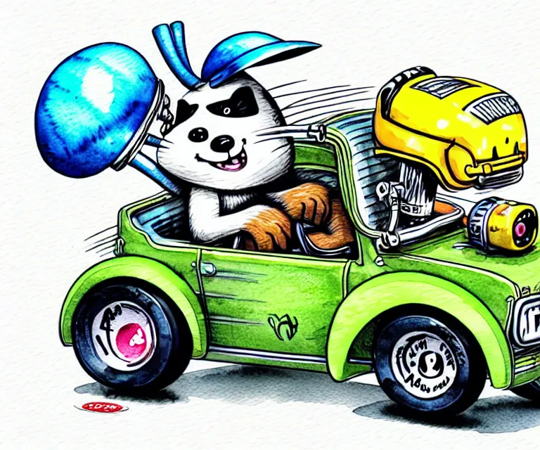 Image similar to cute and funny, racoon wearing a helmet riding in a tiny hot rod with oversized engine, ratfink style by ed roth, centered award winning watercolor pen illustration, isometric illustration by chihiro iwasaki, edited by range murata